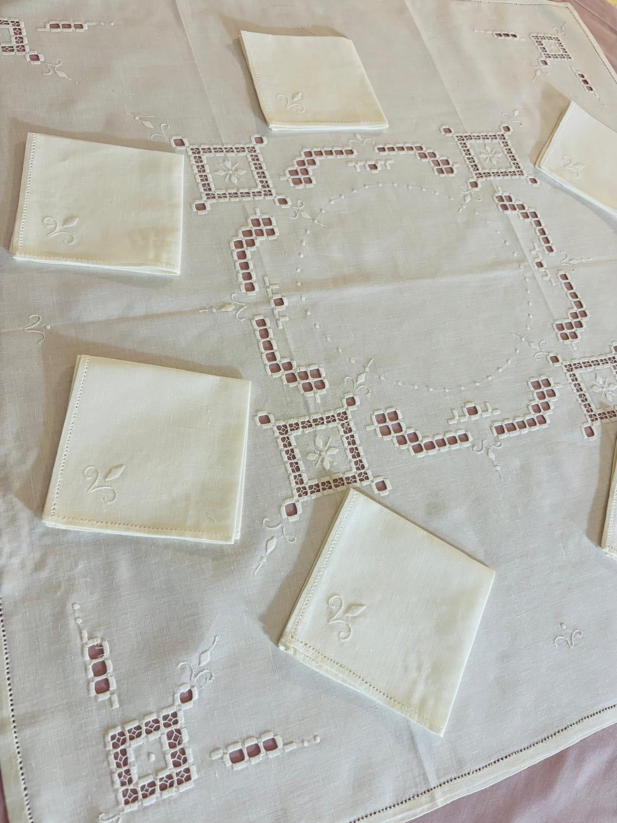 TOVAGLIETTA DA THE’ CM 83x83 VINTAGE MISTO LINO E COTONE BIANCO RICAMO A MANO (G2)