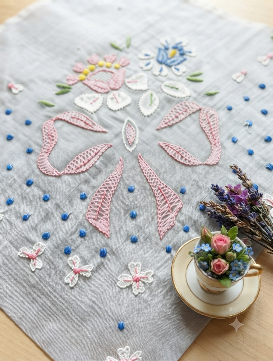 TOVAGLIETTA DA THE’ CM 82x82 IN ORGANZA SEMITRASPARENTE RICAMO A MANO
