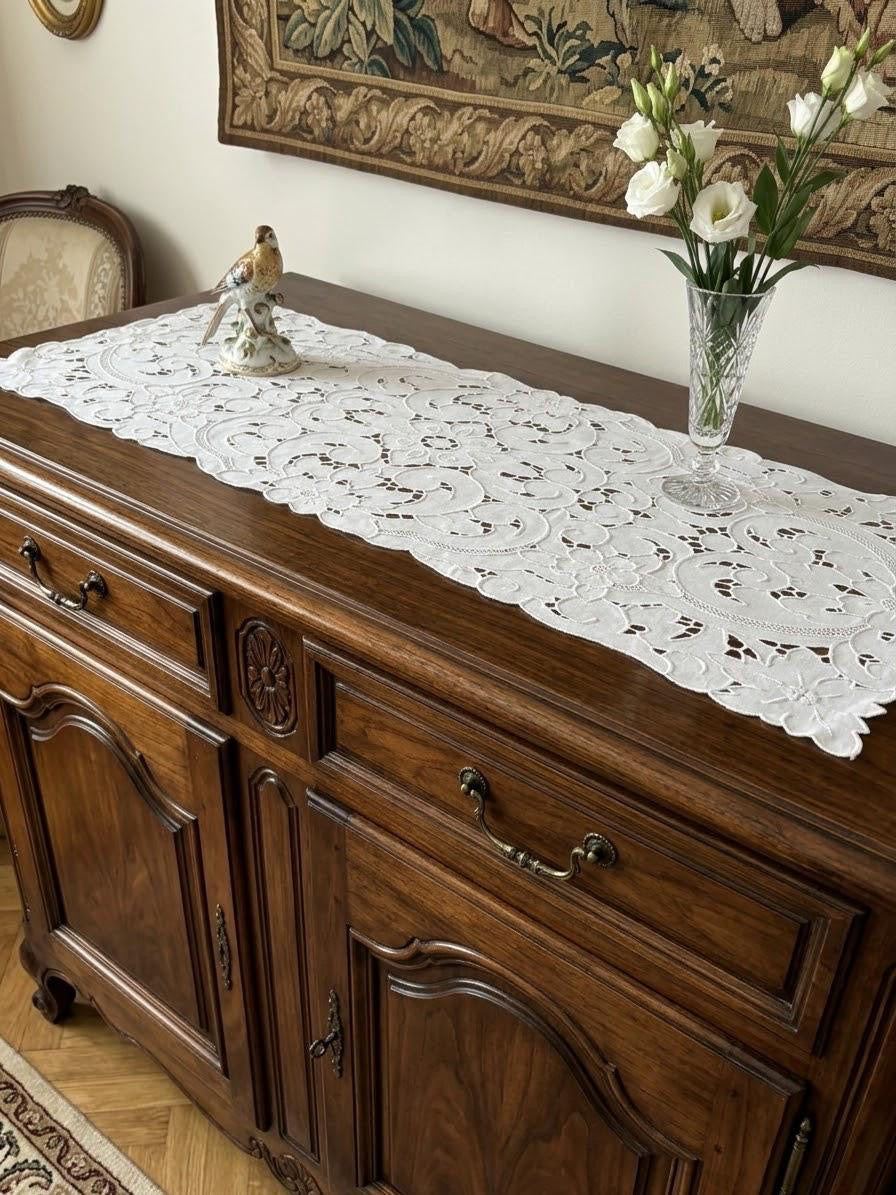 CENTRO ARREDO RETTANGOLARE PURO LINO BIANCO RICAMO INTAGLIO CM 40x85
( @.C.ret.V2 MG)