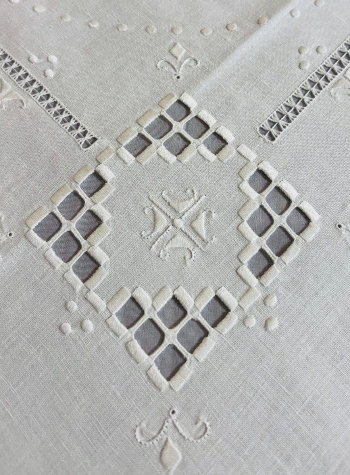 TOVAGLIETTA DA THE’ CM 83x83 VINTAGE MISTO LINO E COTONE BIANCO RICAMO A MANO (G)