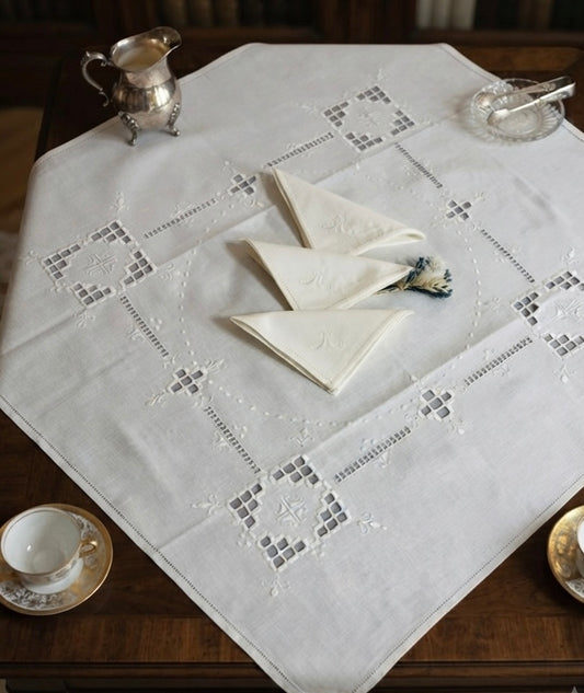 TOVAGLIETTA DA THE’ CM 83x83 VINTAGE MISTO LINO E COTONE BIANCO RICAMO A MANO  (G)