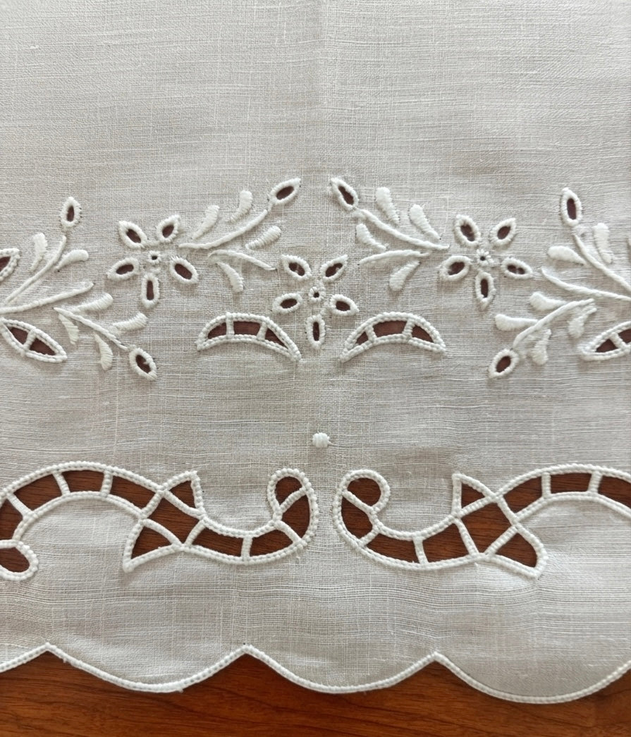 CENTRO TAVOLA PURO LINO BIANCO RICAMO INTAGLIO CM 40x110 
( a.macD2 )