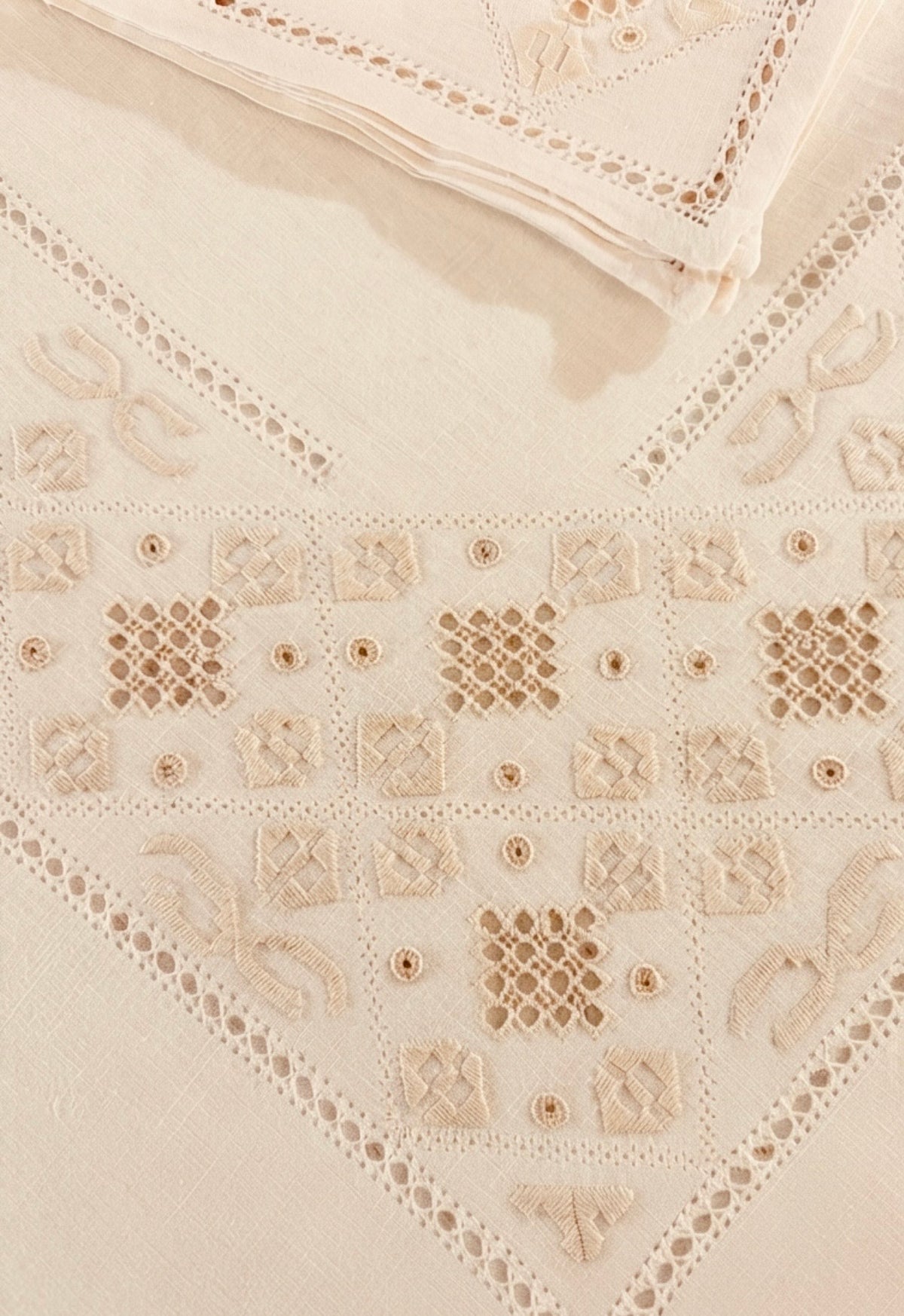 RECTANGULAR TABLECLOTH PURE FLAX ECRU ‘ HAND-EMBROIDERED PUNTO ANTICO 170x265 CM (@.Florentia12)