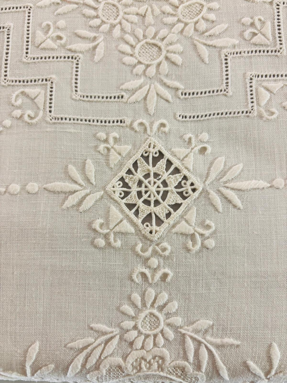 TOVAGLIA RETTANGOLARE PURO LINO BIANCO RICAMO A MANO PUNTO PIENO E INTAGLIO CM 165x257
( BR)