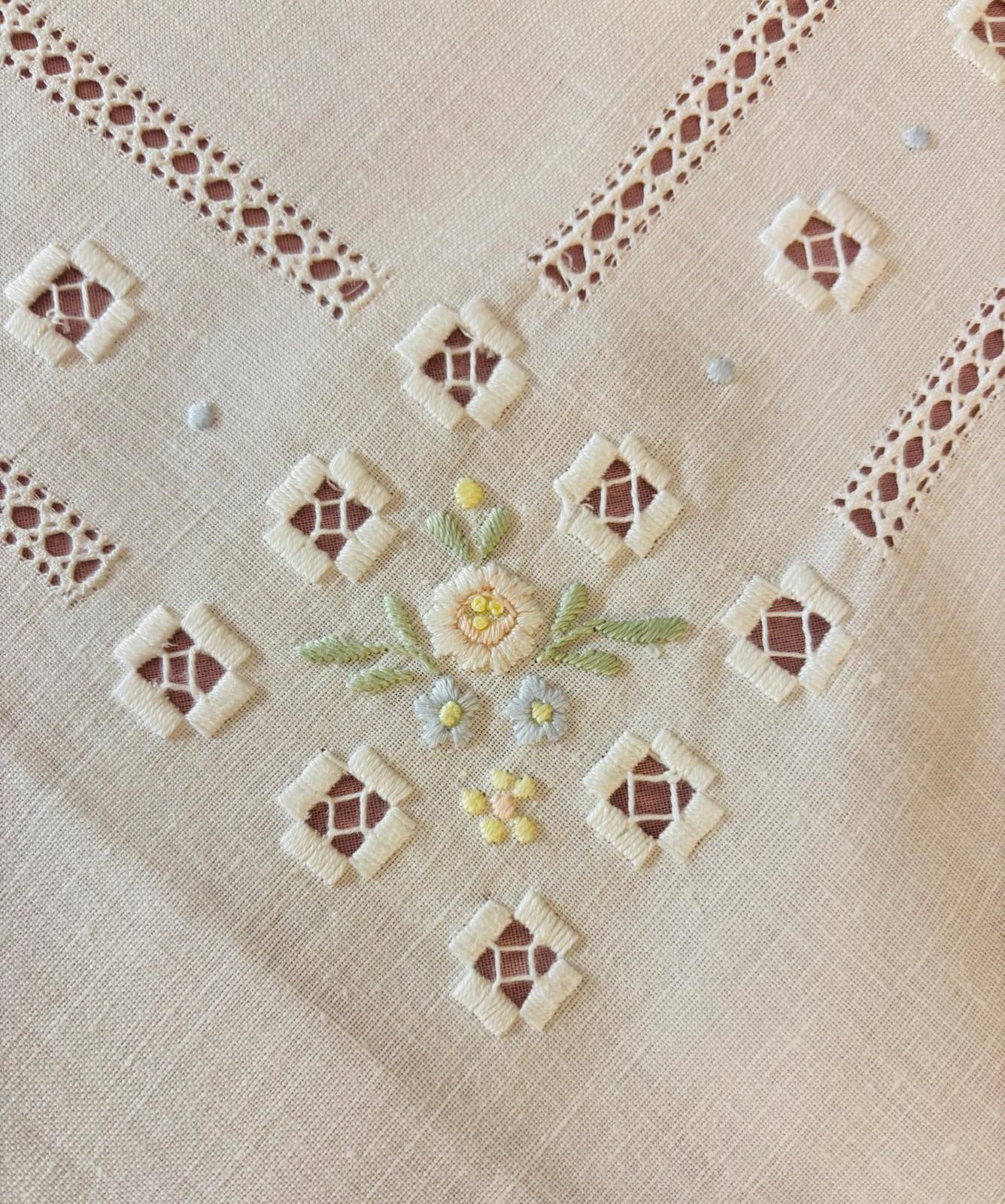 TOVAGLIETTA DA THE’ CM 82x82 VINTAGE MISTO LINO E COTONE BIANCO RICAMO A MANO PUNTO PIENO ( SPP)