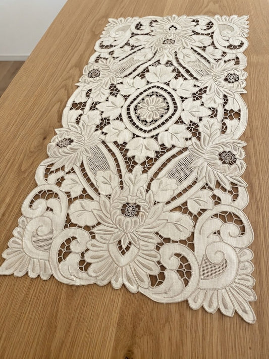 CENTRO ARREDO PURO LINO ECRU’ RICAMO INTAGLIO CM 36x70 ( @.regale)