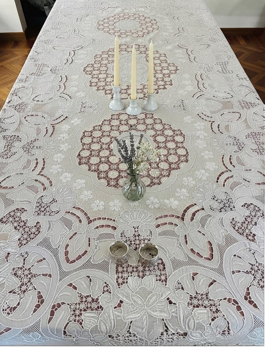 TOVAGLIA RETTANGOLARE PURO LINO BIANCO RICAMO A MANO PUNTO PIENO E INTAGLIO CM 167x265 (@.granpranzo)