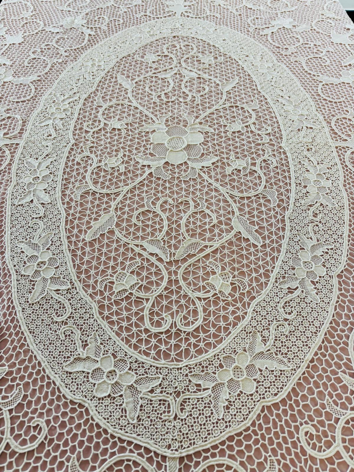 TOVAGLIA OVALE MISTO LINO E COTONE BIANCO PIZZO BURANO CM 170x220