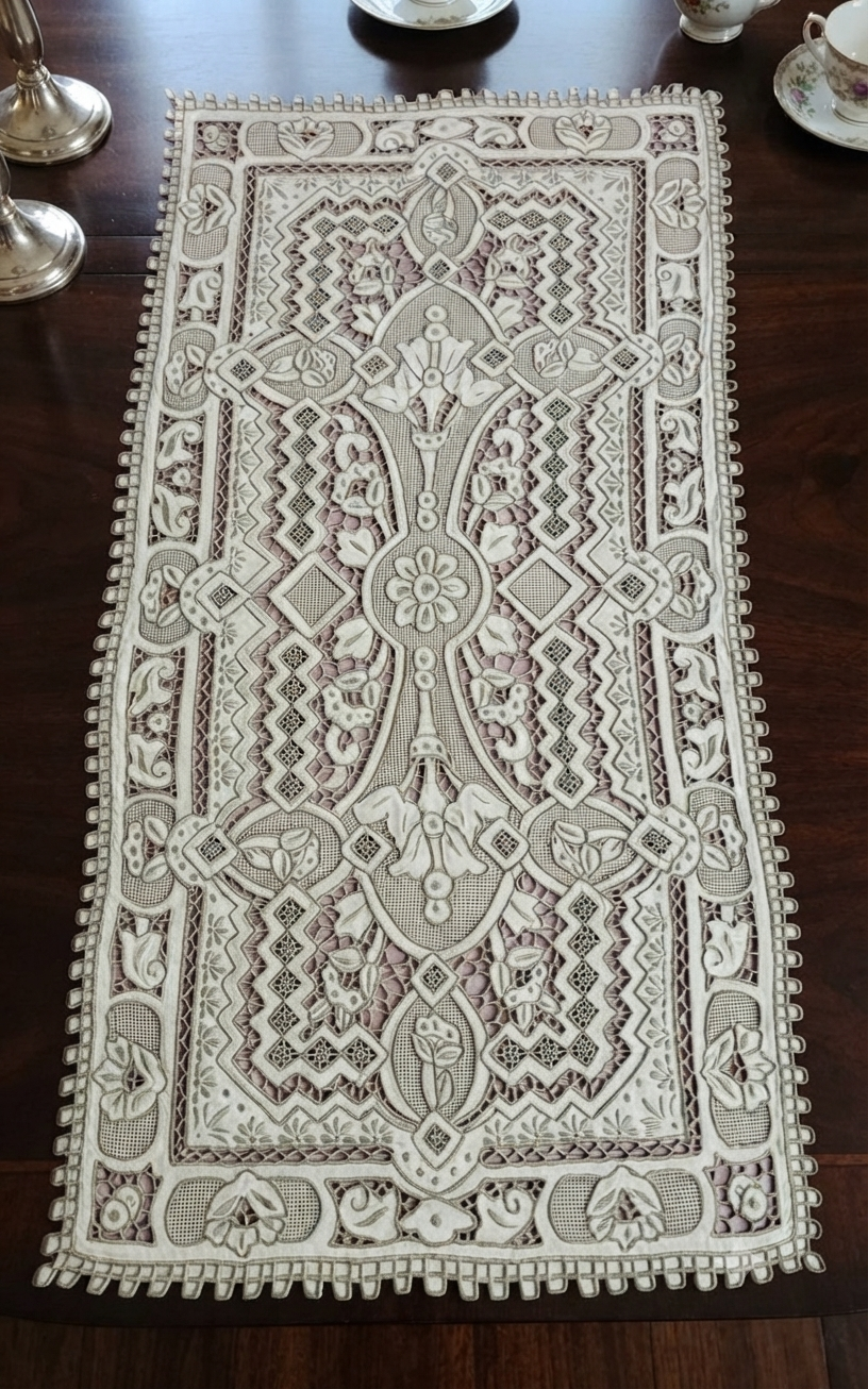 CENTRO ARREDO PURO LINO ECRU’ RICAMO INTAGLIO CM 36x70 ( barrette ).