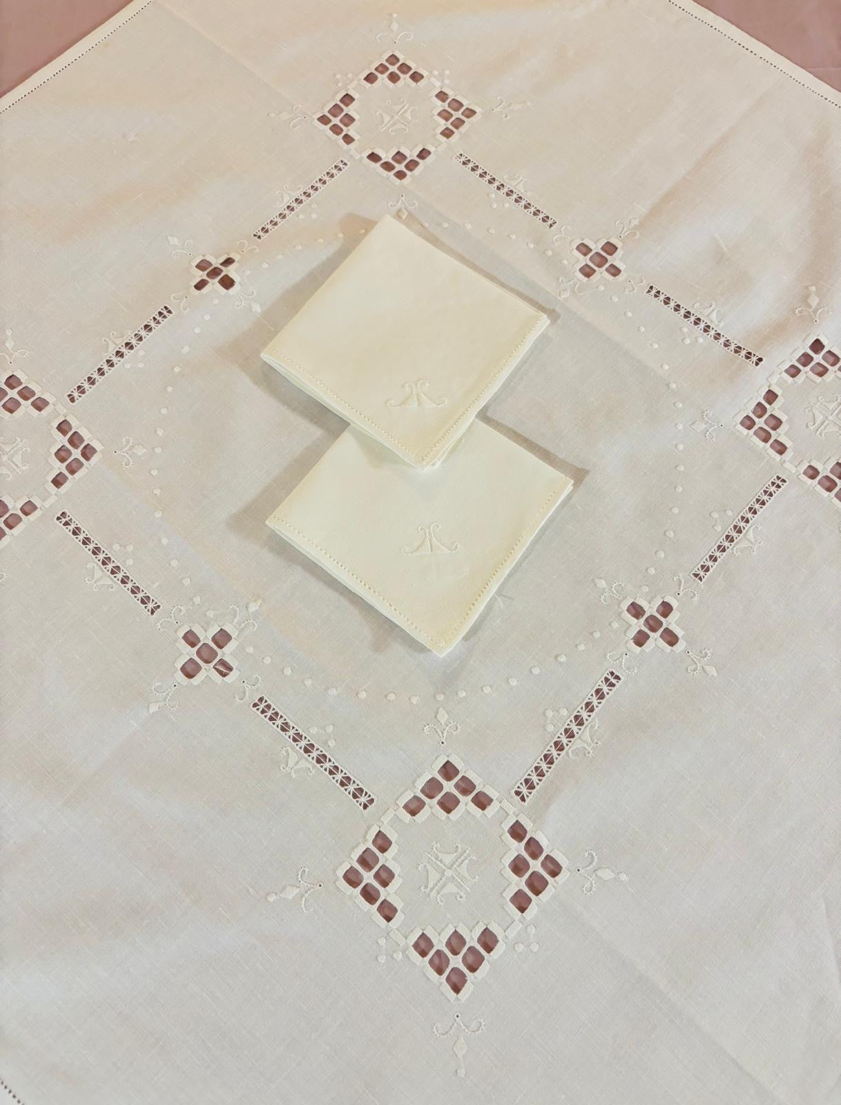 TOVAGLIETTA DA THE’ CM 83x83 VINTAGE MISTO LINO E COTONE BIANCO RICAMO A MANO  (G)