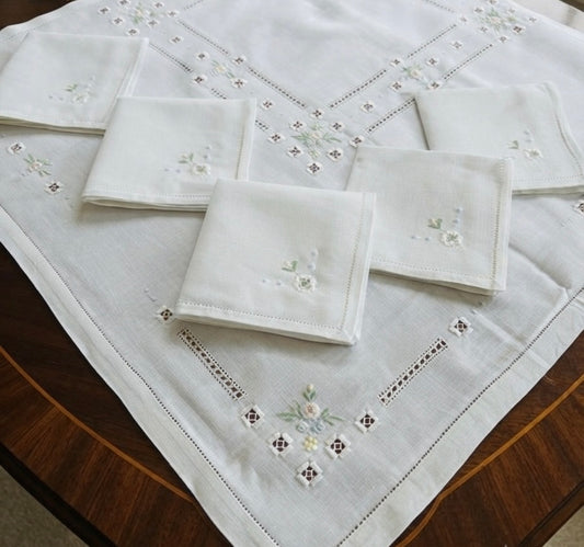 TOVAGLIETTA DA THE’ CM 82x82 VINTAGE MISTO LINO E COTONE BIANCO RICAMO A MANO PUNTO PIENO ( SPP)