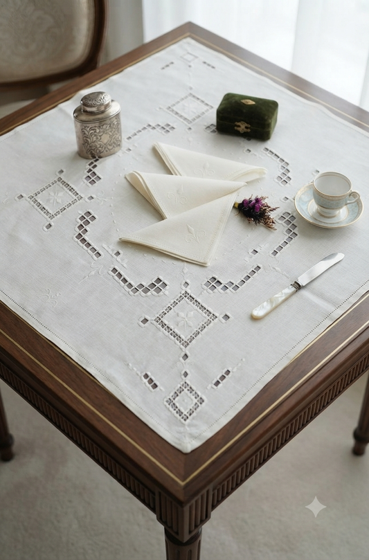 TOVAGLIETTA DA THE’ CM 83x83 VINTAGE MISTO LINO E COTONE BIANCO RICAMO A MANO  (G2)