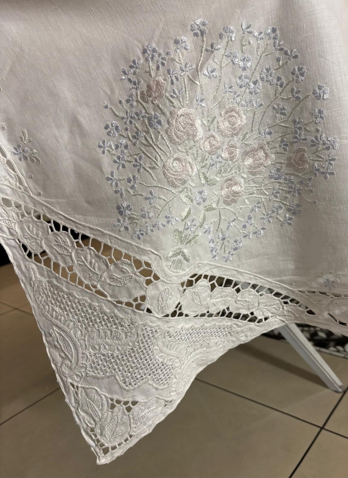TOVAGLIA RETTANGOLARE PURO LINO BIANCO RICAMO A MANO PUNTO PIENO & INTAGLIO CM 160x260 (INCT)