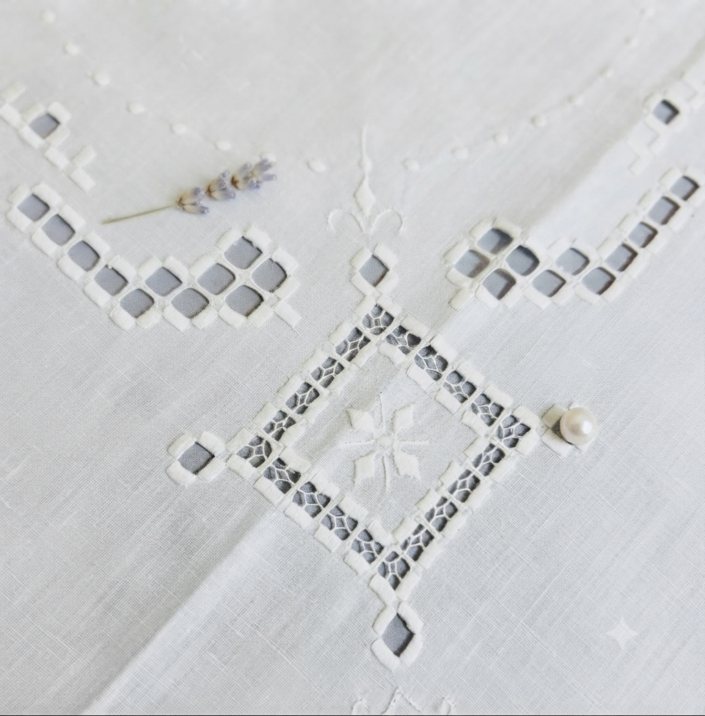 TOVAGLIETTA DA THE’ CM 83x83 VINTAGE MISTO LINO E COTONE BIANCO RICAMO A MANO  (G2)