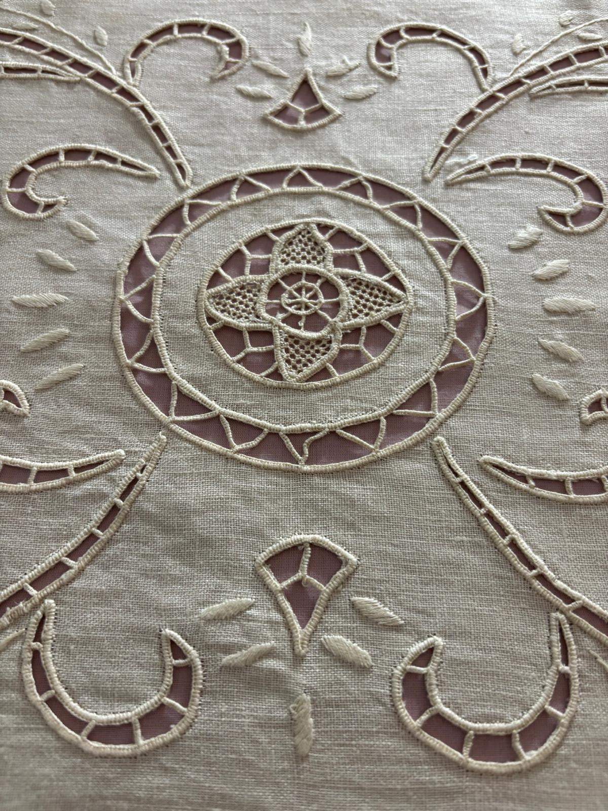CENTRO TAVOLA PURO LINO ECRU’ RICAMO INTAGLIO CM 40x90 ( a18bisanzio )