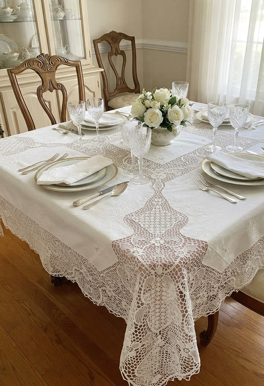TOVAGLIA QUADRATA PURO LINO BIANCO RICAMO A MANO E PIZZO BURANO CM 170x170  (BQ)