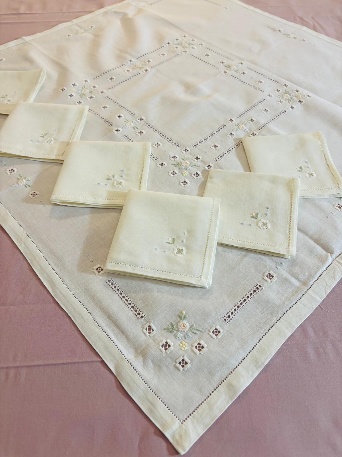 TOVAGLIETTA DA THE’ CM 82x82 VINTAGE MISTO LINO E COTONE BIANCO RICAMO A MANO PUNTO PIENO ( SPP)