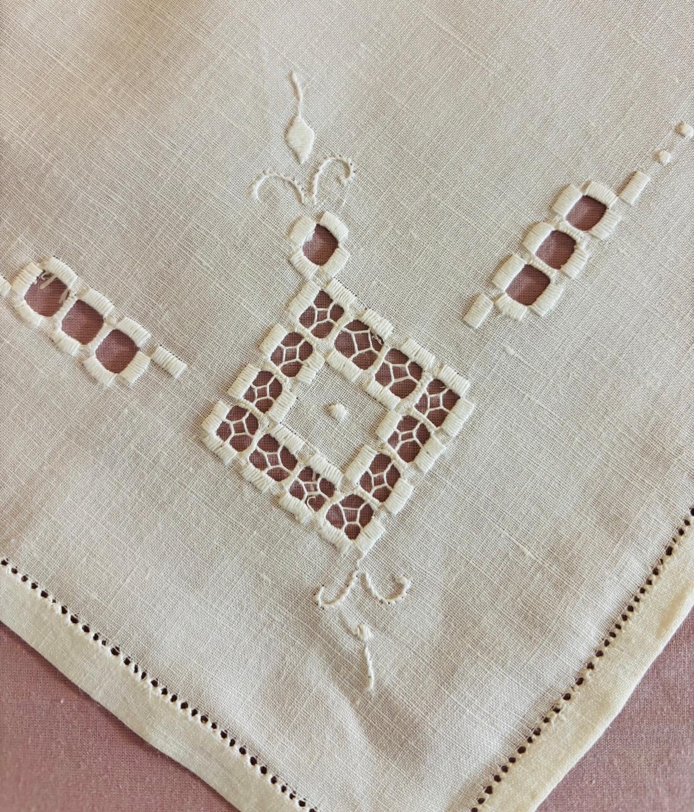 TOVAGLIETTA DA THE’ CM 83x83 VINTAGE MISTO LINO E COTONE BIANCO RICAMO A MANO  (G2)