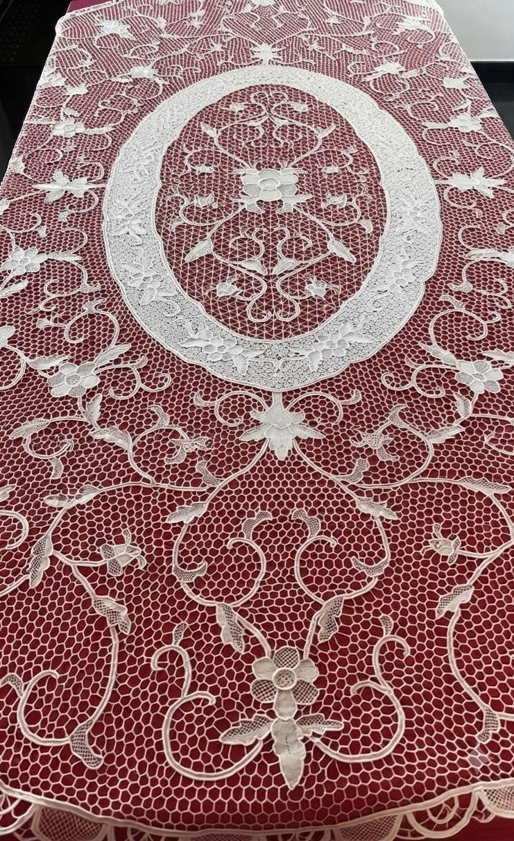 TOVAGLIA OVALE MISTO LINO E COTONE BIANCO PIZZO BURANO CM 170x220