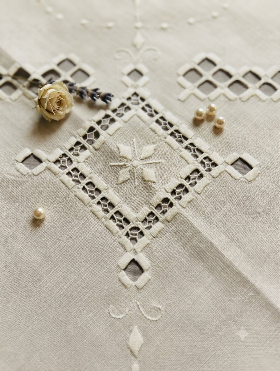 TOVAGLIETTA DA THE’ CM 83x83 VINTAGE MISTO LINO E COTONE BIANCO RICAMO A MANO  (G2)