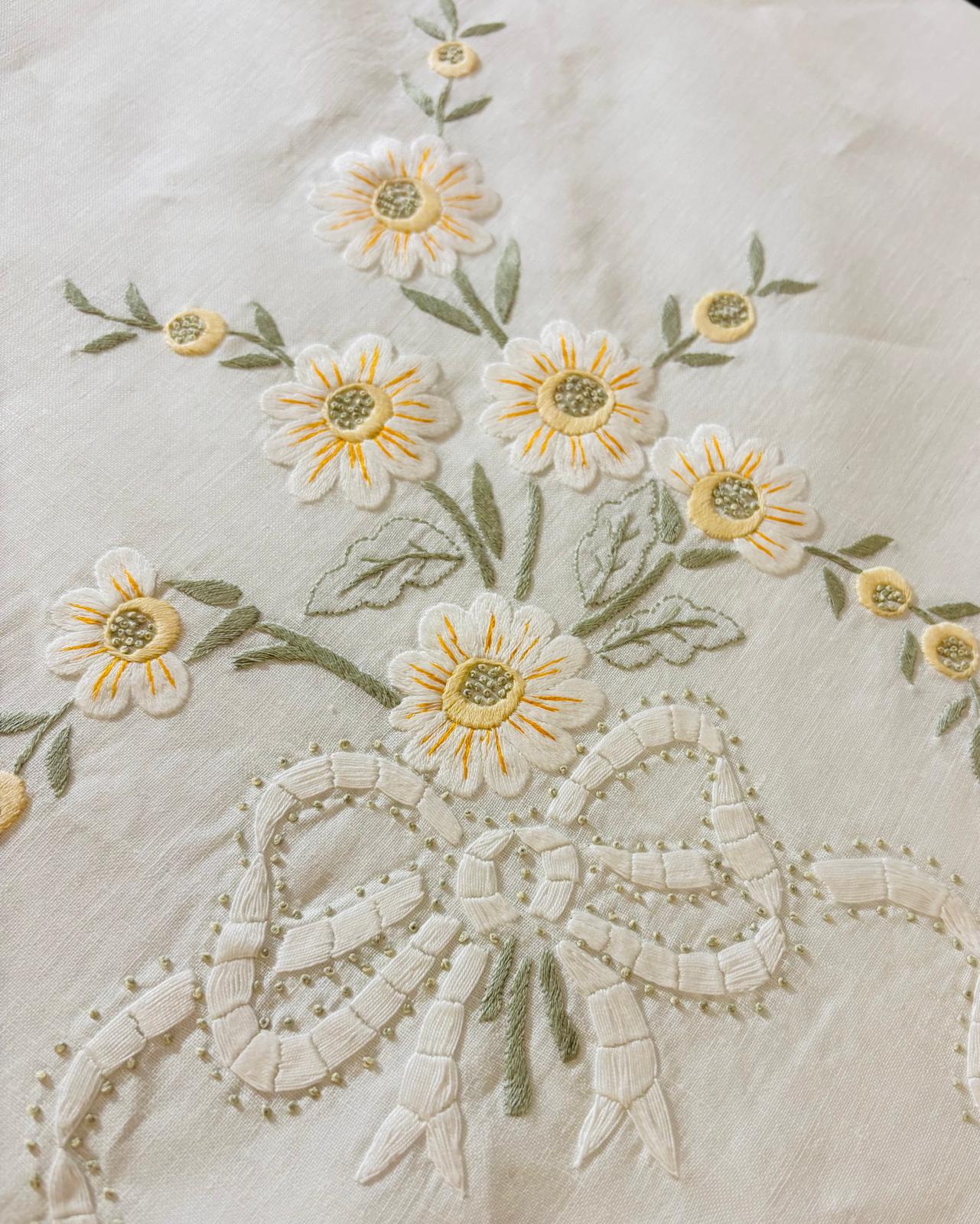TOVAGLIA RETTANGOLARE MISTO LINO E COTONE BIANCO RICAMO A MANO PUNTO PIENO CM 170x270 (MGML)