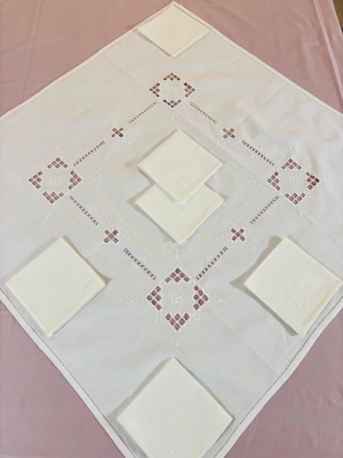 TOVAGLIETTA DA THE’ CM 83x83 VINTAGE MISTO LINO E COTONE BIANCO RICAMO A MANO  (G)