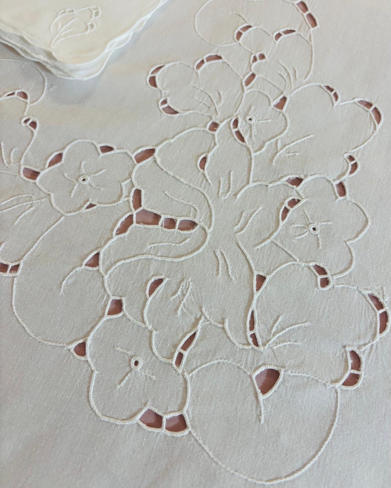 TOVAGLIA ROTONDA PURO COTONE BIANCO RICAMO A MANO INTAGLIO E PUNTO PIENO DIAMETRO CM 170 (F.P)