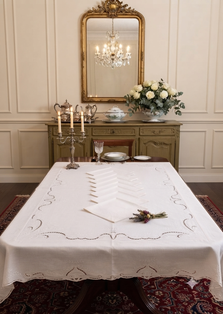 TOVAGLIA RETTANGOLARE MISTO LINO E COTONE BIANCO RICAMO A MANO INTAGLIO CM 165x268 (IL)