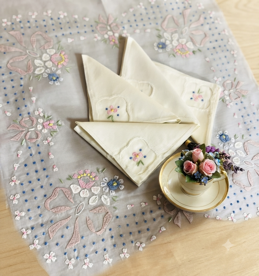 TOVAGLIETTA DA THE’ CM 82x82 IN ORGANZA SEMITRASPARENTE RICAMO A MANO