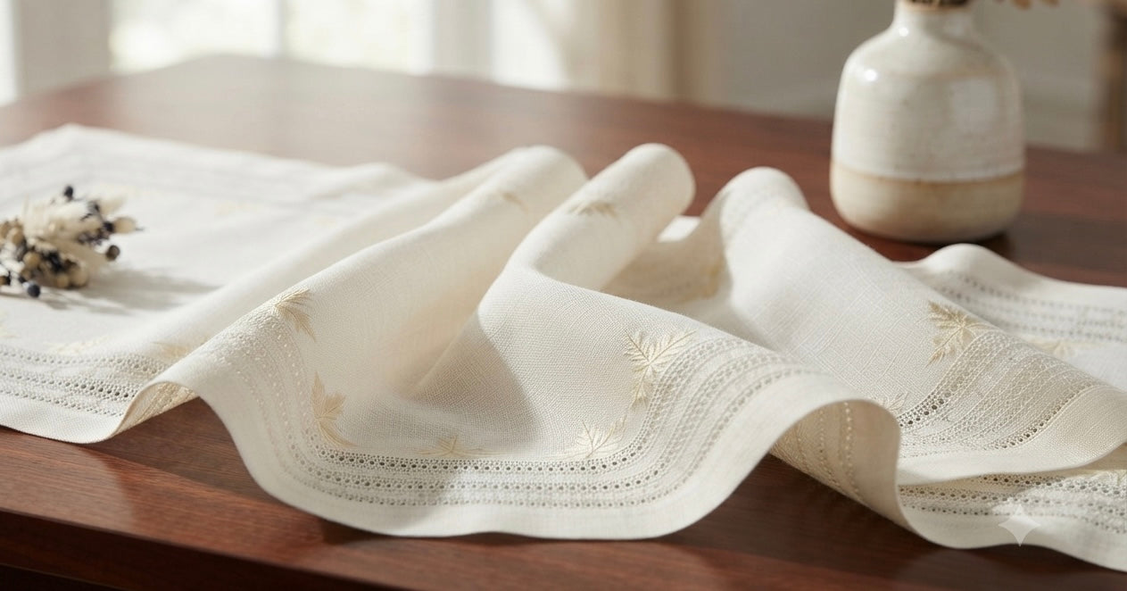 PURE LINEN ECRU FURNISHING CENTERPIECE, GEOMETRIC ANTIQUE STITCH CM 39x119
