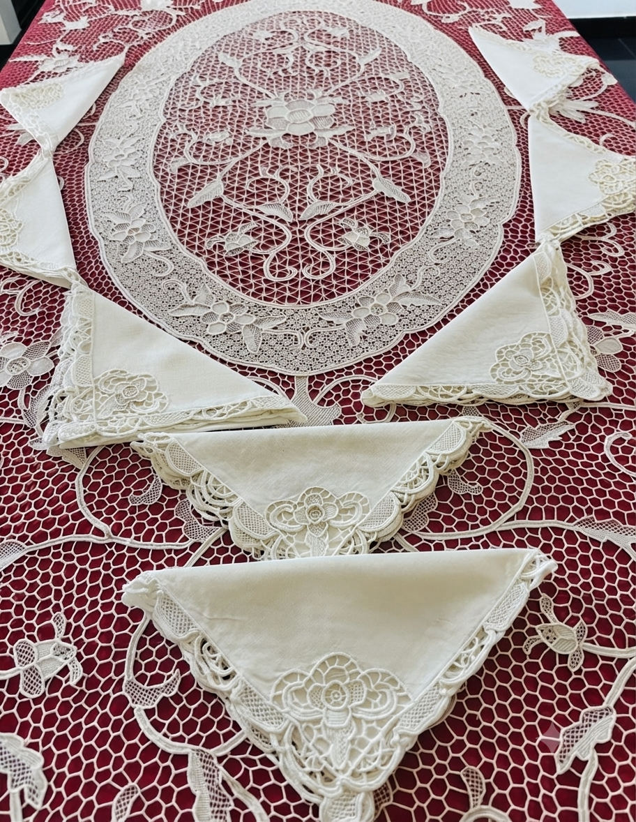 TOVAGLIA OVALE MISTO LINO E COTONE BIANCO PIZZO BURANO CM 170x220