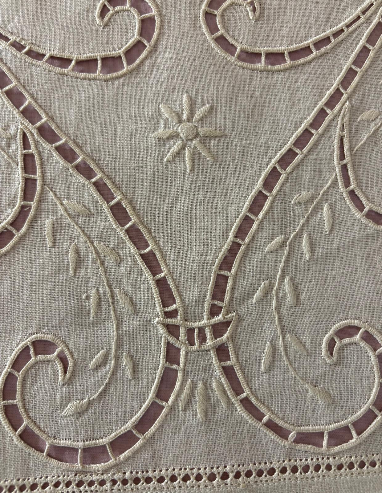 CENTRO TAVOLA PURO LINO ECRU’ RICAMO INTAGLIO CM 40x90 ( a18bisanzio )