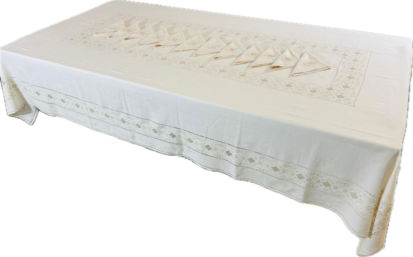 TOVAGLIA RETTANGOLARE PURO LINO ECRU ‘ RICAMO A MANO PUNTO ANTICO CM 170x265
