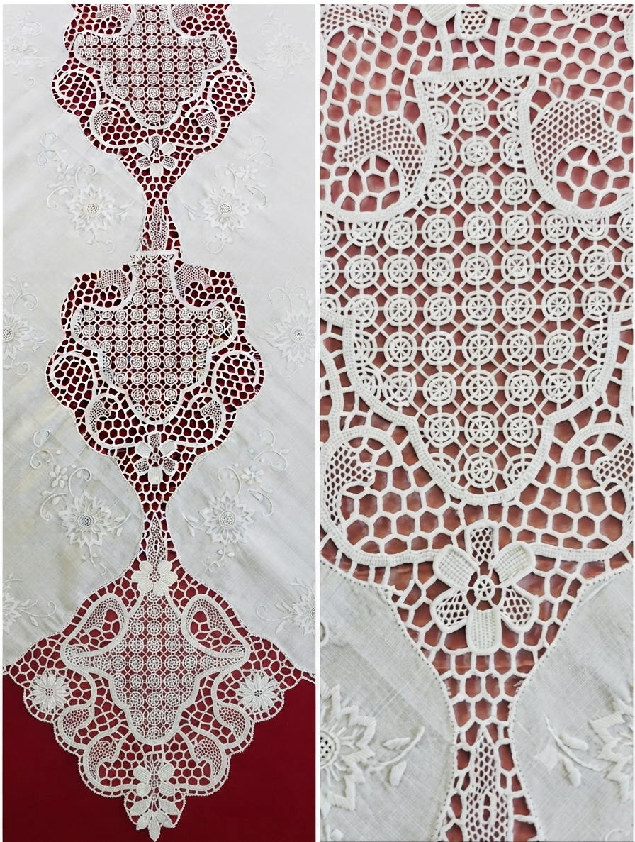 TOVAGLIA QUADRATA PURO LINO BIANCO RICAMO A MANO E PIZZO BURANO CM 170x170  (BQ)