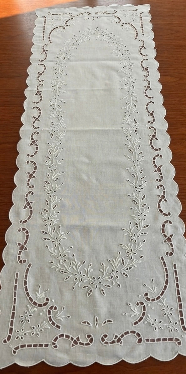 CENTRO TAVOLA PURO LINO BIANCO RICAMO INTAGLIO CM 40x110 
( a.macD2 )