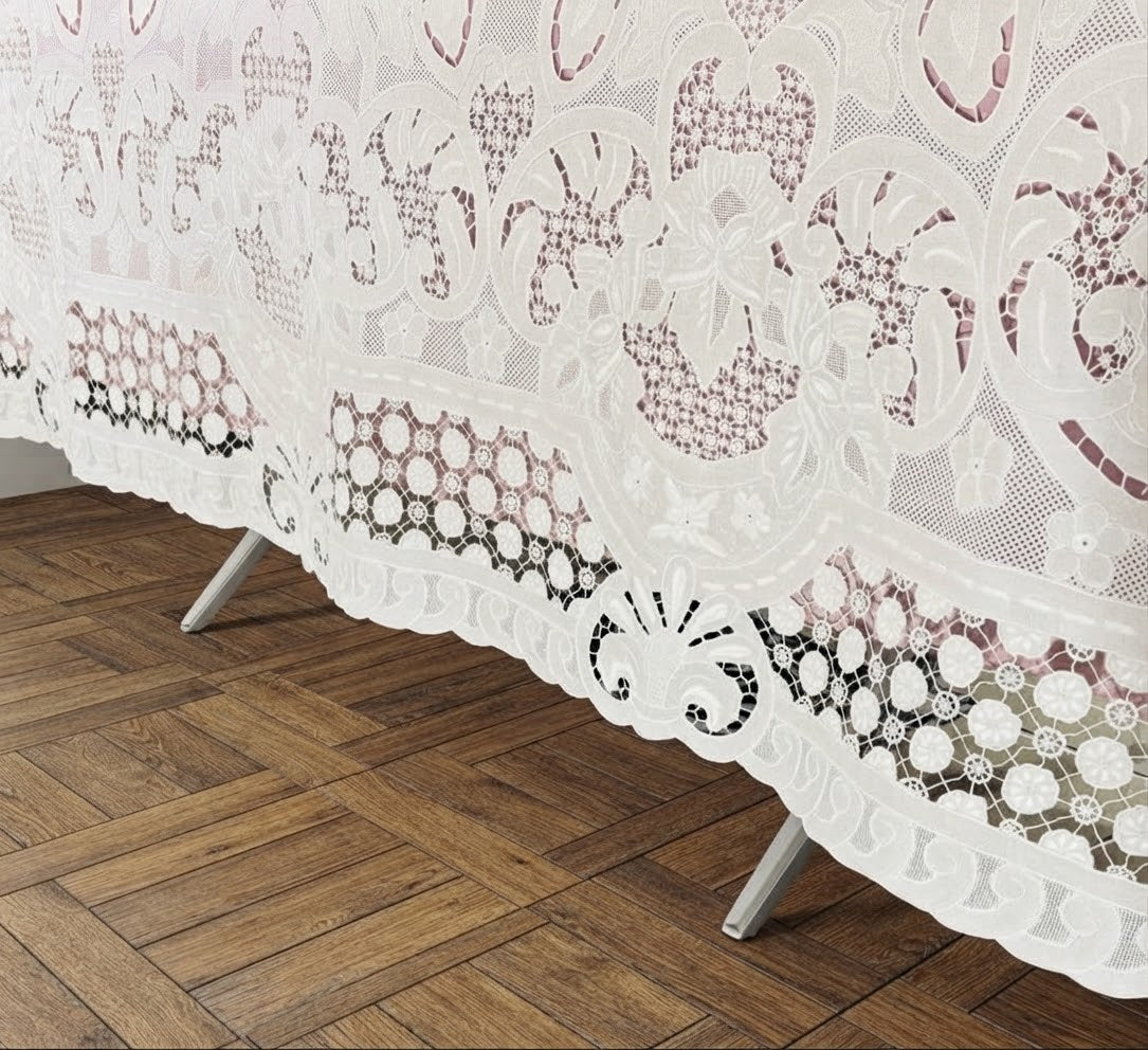 TOVAGLIA RETTANGOLARE PURO LINO BIANCO RICAMO A MANO PUNTO PIENO E INTAGLIO CM 167x265 (@.granpranzo)