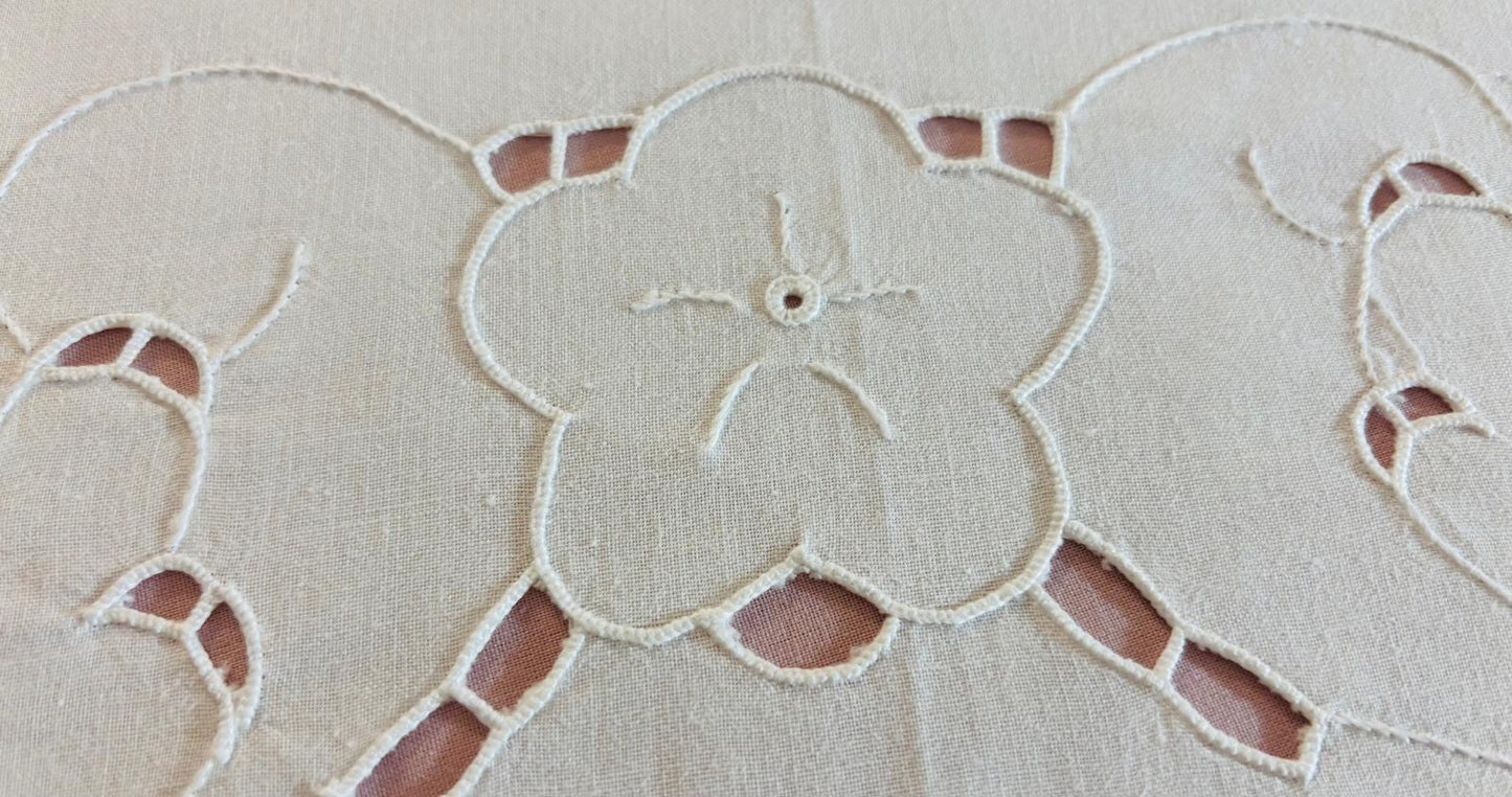 TOVAGLIA ROTONDA PURO COTONE BIANCO RICAMO A MANO INTAGLIO E PUNTO PIENO DIAMETRO CM 170 (F.P)