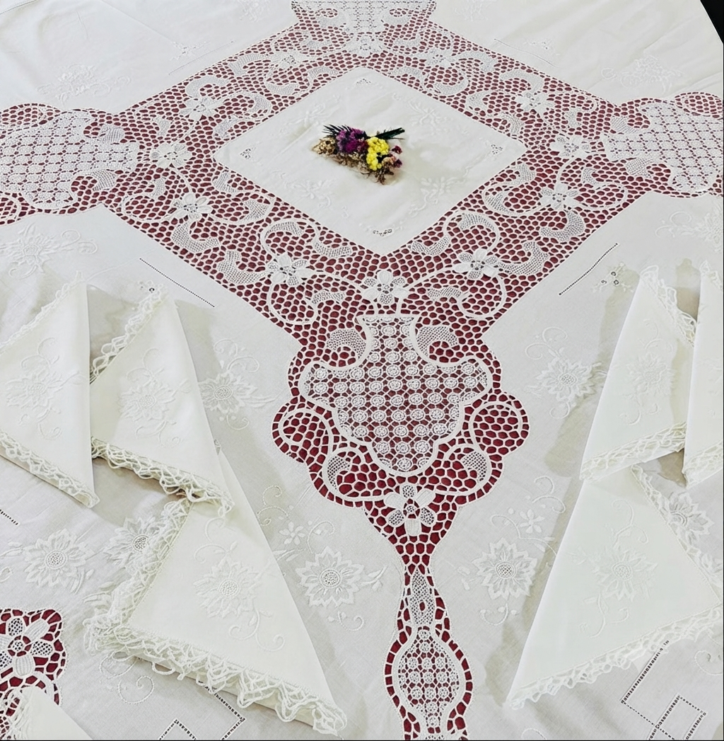TOVAGLIA QUADRATA PURO LINO BIANCO RICAMO A MANO E PIZZO BURANO CM 170x170  (BQ)