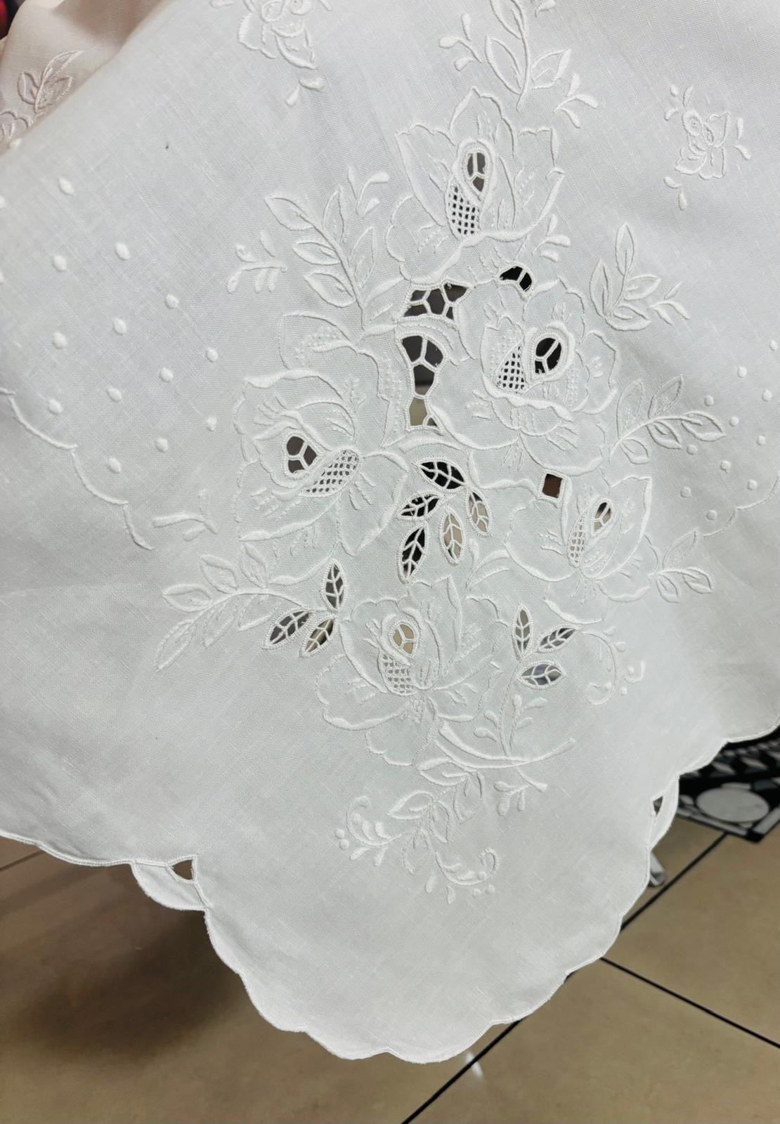 TOVAGLIA RETTANGOLARE PURO LINO BIANCO RICAMO A MANO PUNTO PIENO E INTAGLIO CM 170x265 (RS)