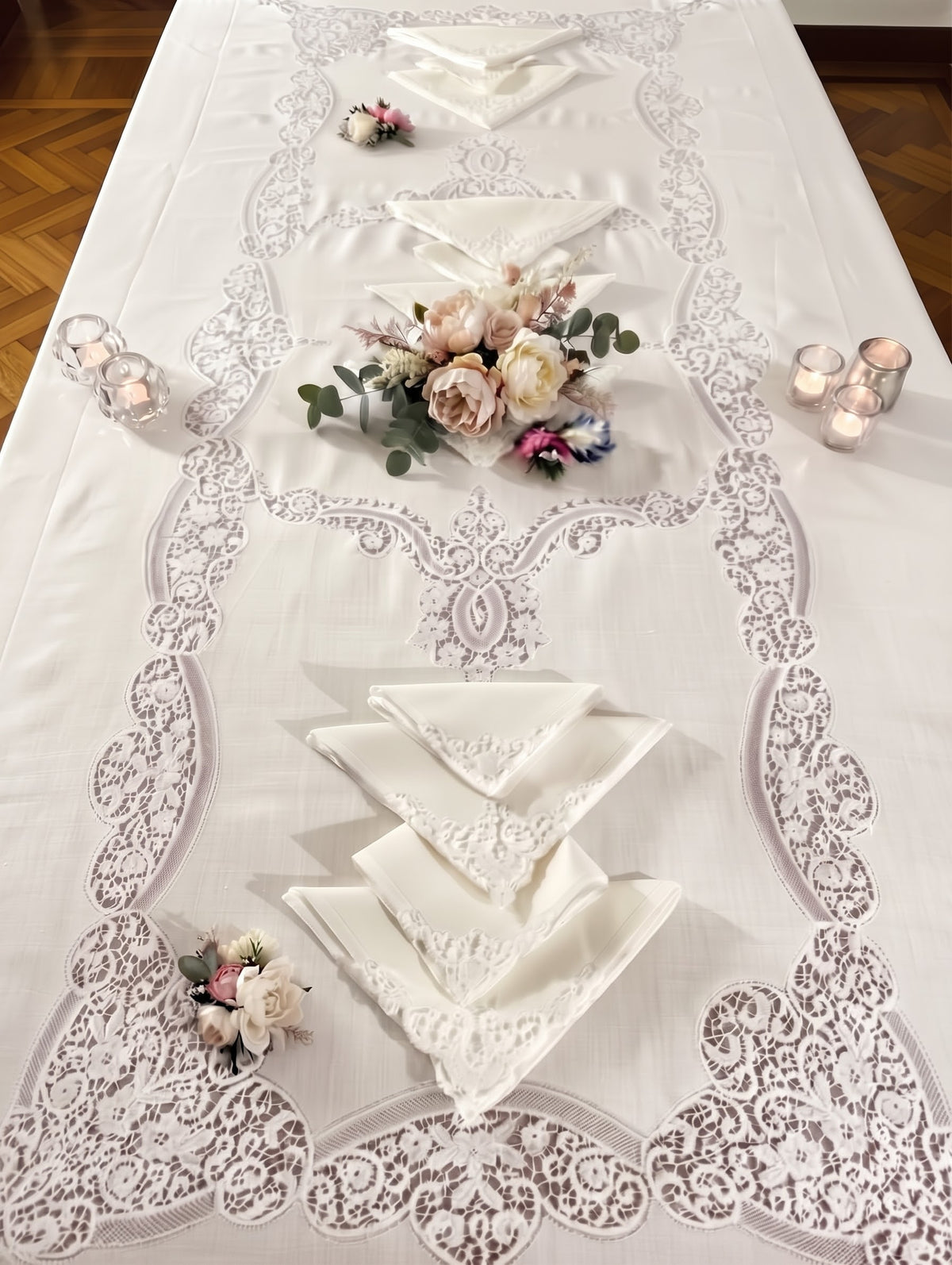 RECTANGULAR TABLECLOTH PURE WHITE LINEN AND CANTU LACE CM 165x275 (@.pzCantu’)