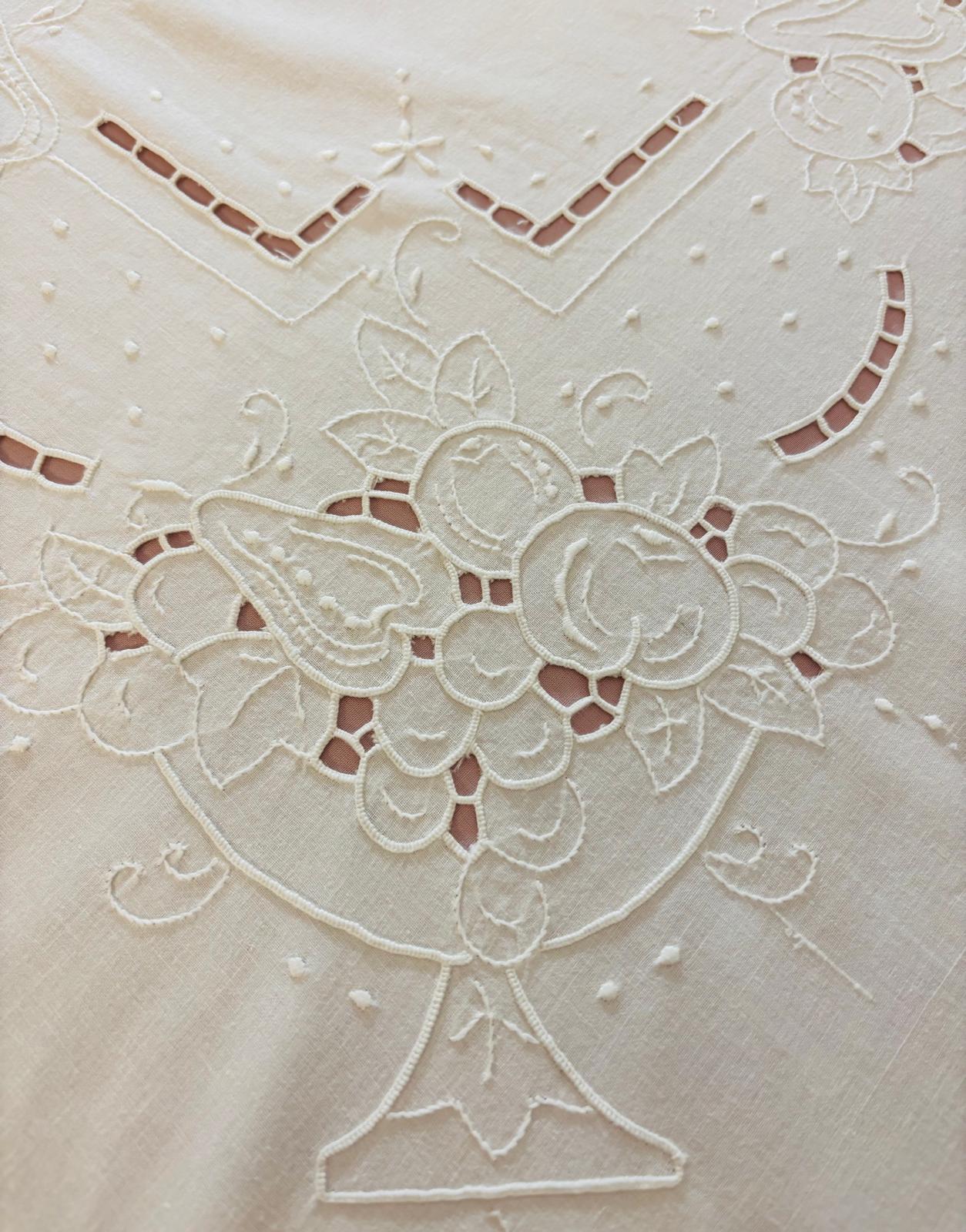 TOVAGLIA RETTANGOLARE PURO COTONE BIANCO RICAMO A MANO INTAGLIO & PUNTO PIENO CM 160x270