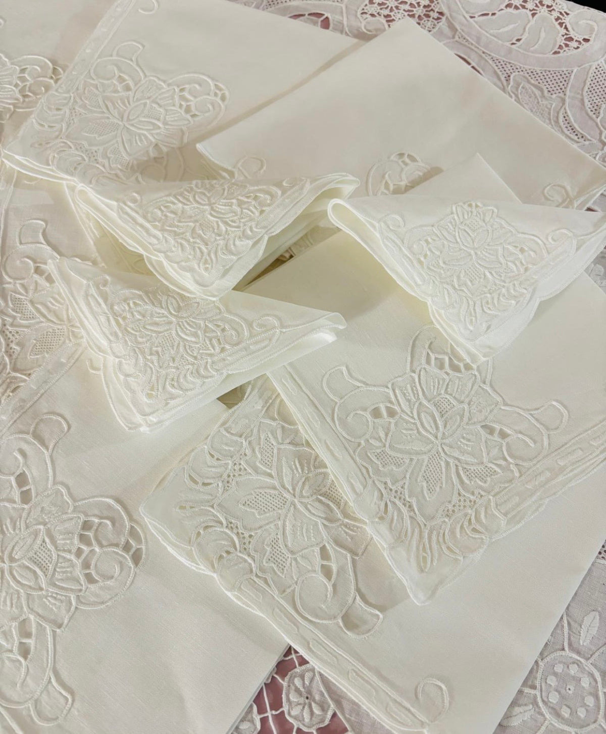 TOVAGLIA RETTANGOLARE PURO LINO BIANCO RICAMO A MANO PUNTO PIENO E INTAGLIO CM 167x265 (@.granpranzo)