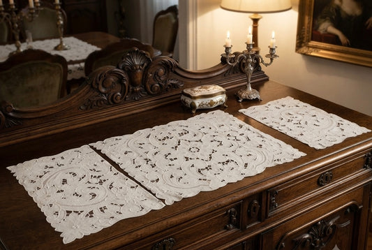 COORDINATO 3 PEZZI CENTRI ARREDO PURO LINO BIANCO RICAMO A MANO INTAGLIO MISURA GRANDE (V2)
