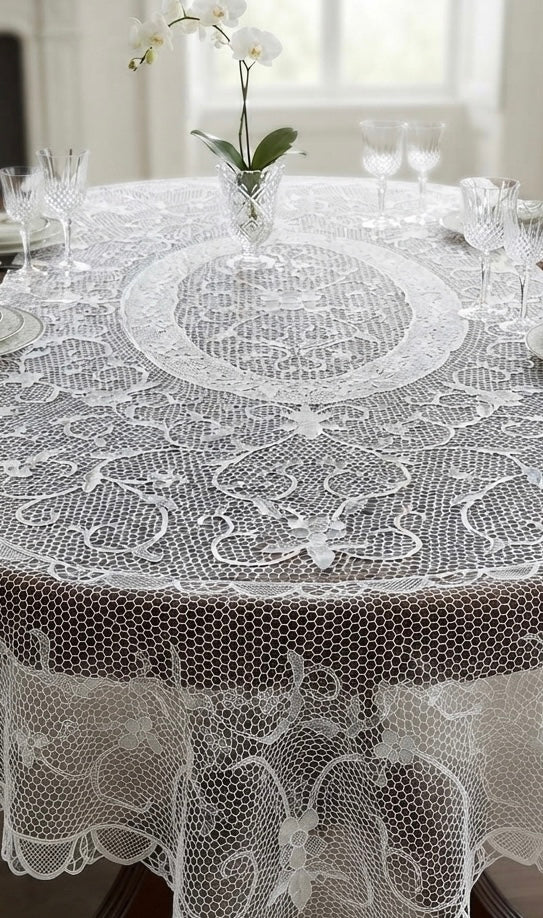 TOVAGLIA OVALE MISTO LINO E COTONE BIANCO PIZZO BURANO CM 170x220
