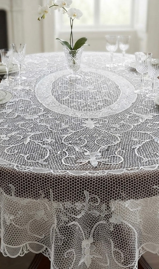 TOVAGLIA OVALE MISTO LINO E COTONE BIANCO PIZZO BURANO CM 170x220