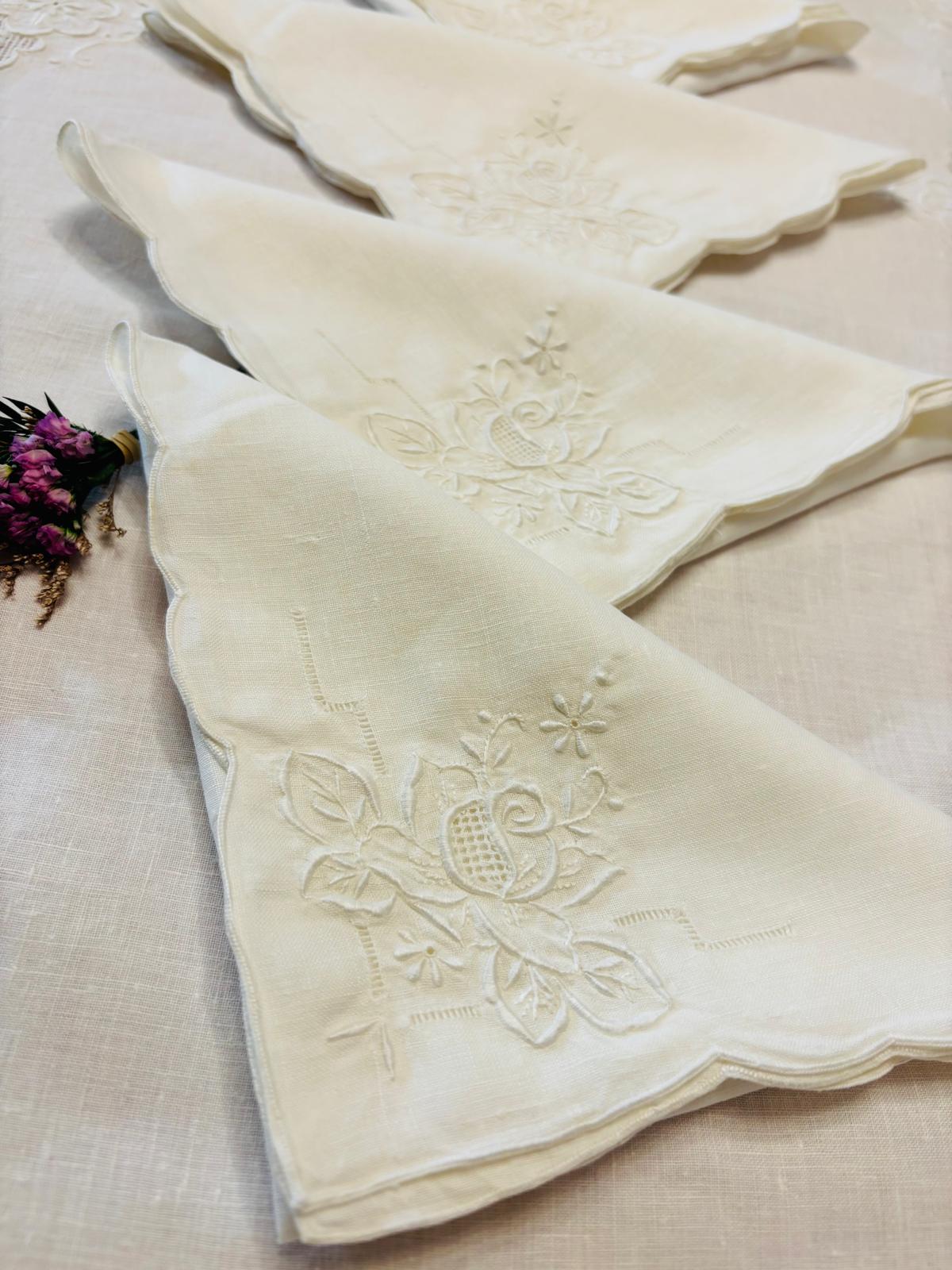 TOVAGLIA RETTANGOLARE PURO LINO BIANCO RICAMO A MANO PUNTO PIENO E SFILATO CM 165x260 (7P)