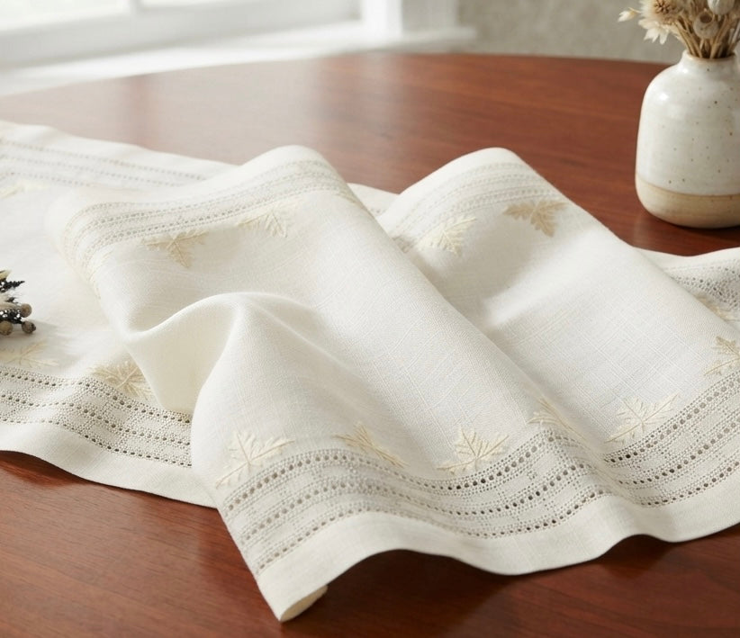 PURE LINEN ECRU TABLE RUNNER WITH GEOMETRIC ANTIQUE STITCH PATTERN CM 39x89