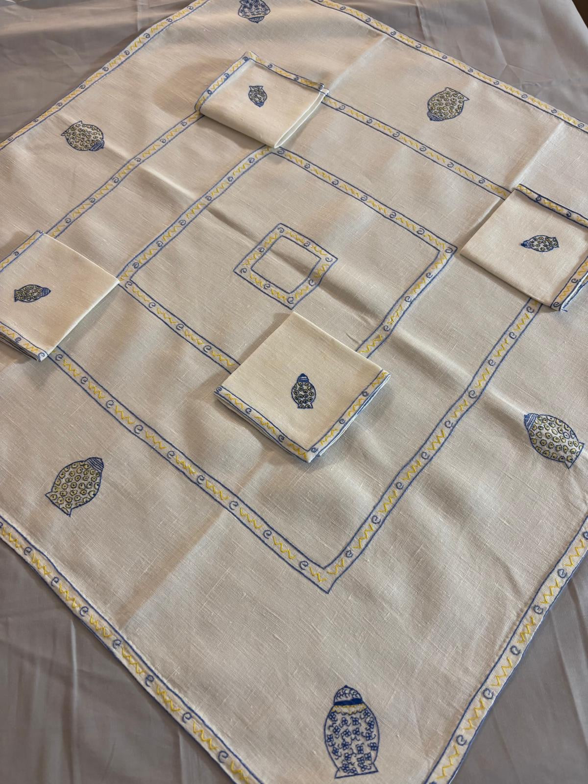 TOVAGLIETTA DA THE’CM 82x82 VINTAGE MISTO LINO E COTONE AVORIO RICAMO A MANO (CRL)