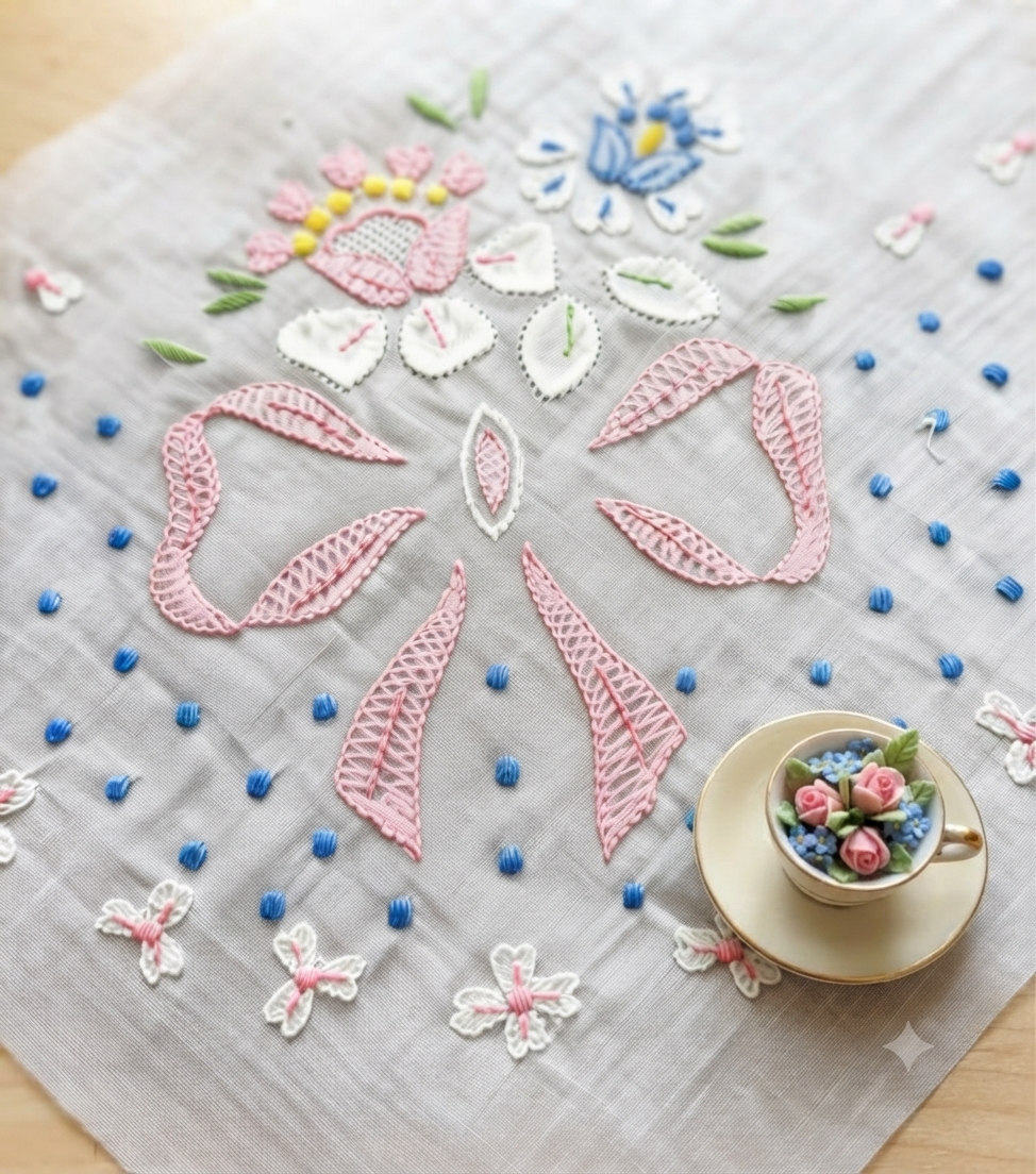 TOVAGLIETTA DA THE’ CM 82x82 IN ORGANZA SEMITRASPARENTE RICAMO A MANO