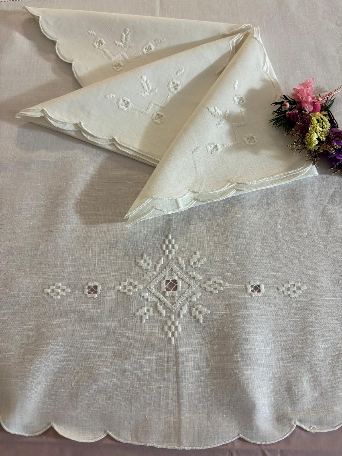 TOVAGLIA ROTONDA MISTO LINO E COTONE BIANCO RICAMO A MANO GEOMETRICO PUNTO PIENO DIAMETRO CM 170